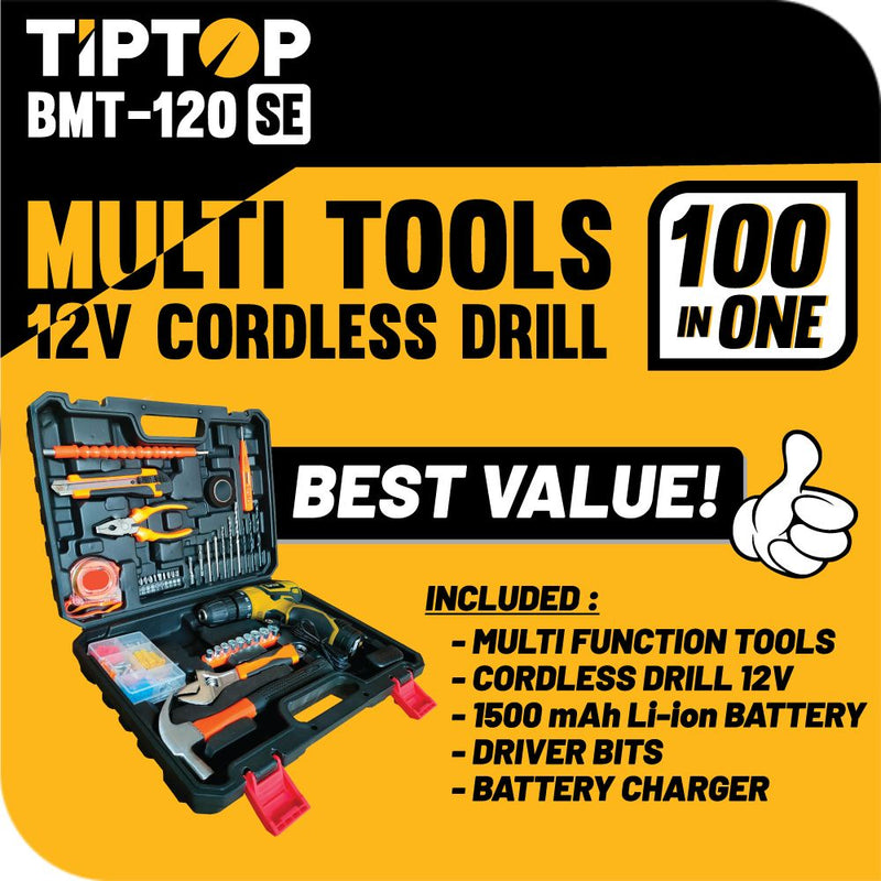 Tip Top BMT-120SE 12V Cordless Drill with Tools / Bor Obeng Baterai Dengan Pekakas 100Pcs