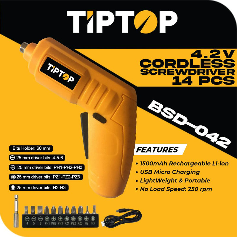 Tip Top BSD-042 4.2V Cordless Screwdriver with Acc / Obeng Baterai dengan Aksesories