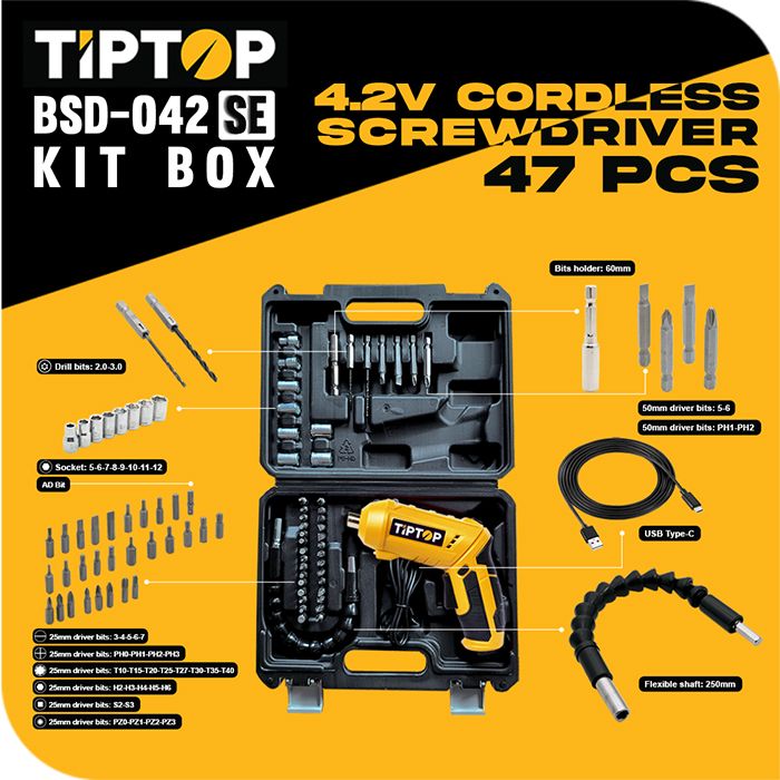 Tip Top BSD-042SE 4.2V Cordless Screwdriver With ACC 47pcs + Kit Box
